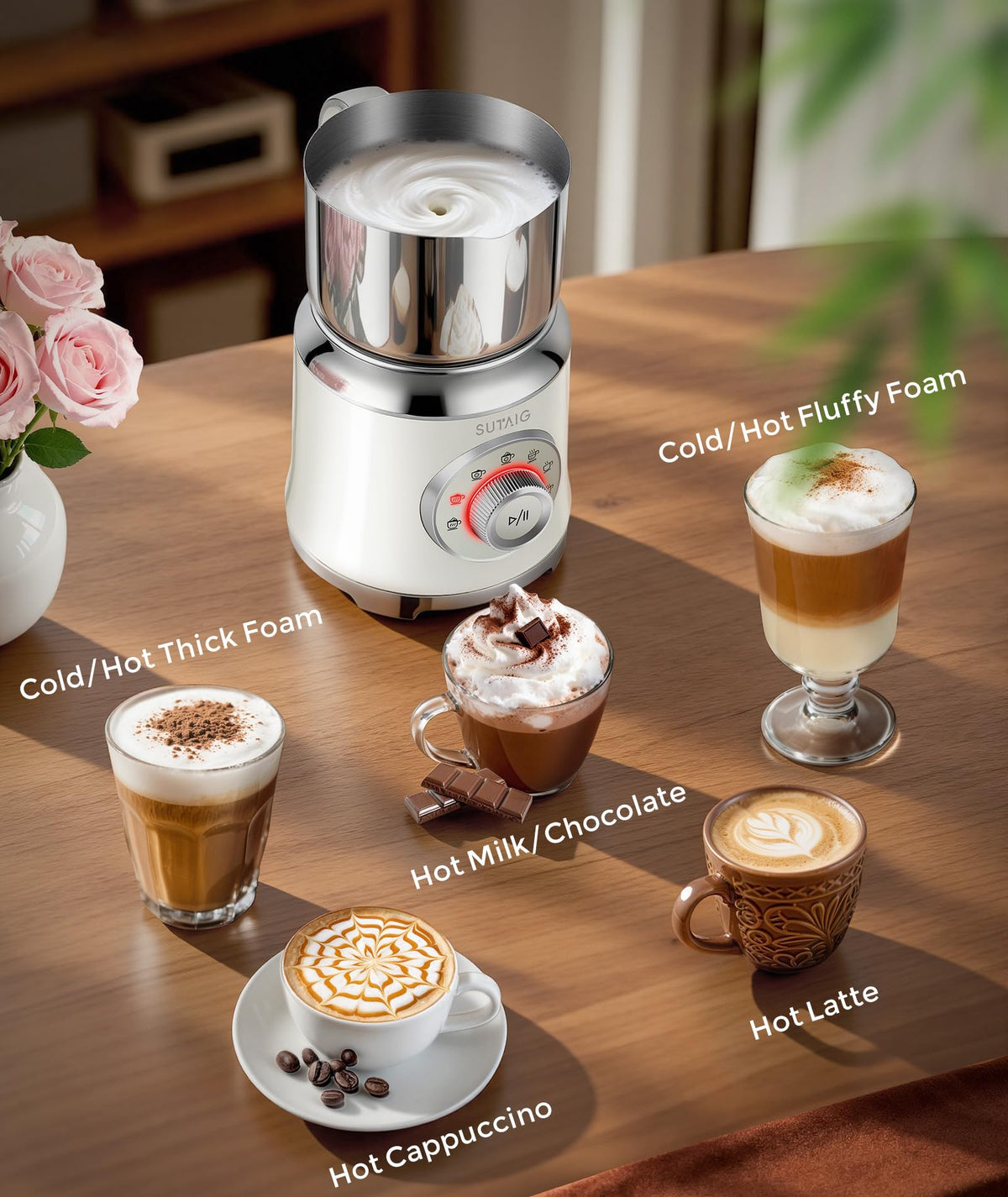 Sutaig milk frother demonstrates customizable foam textures for cappuccinos or lattes