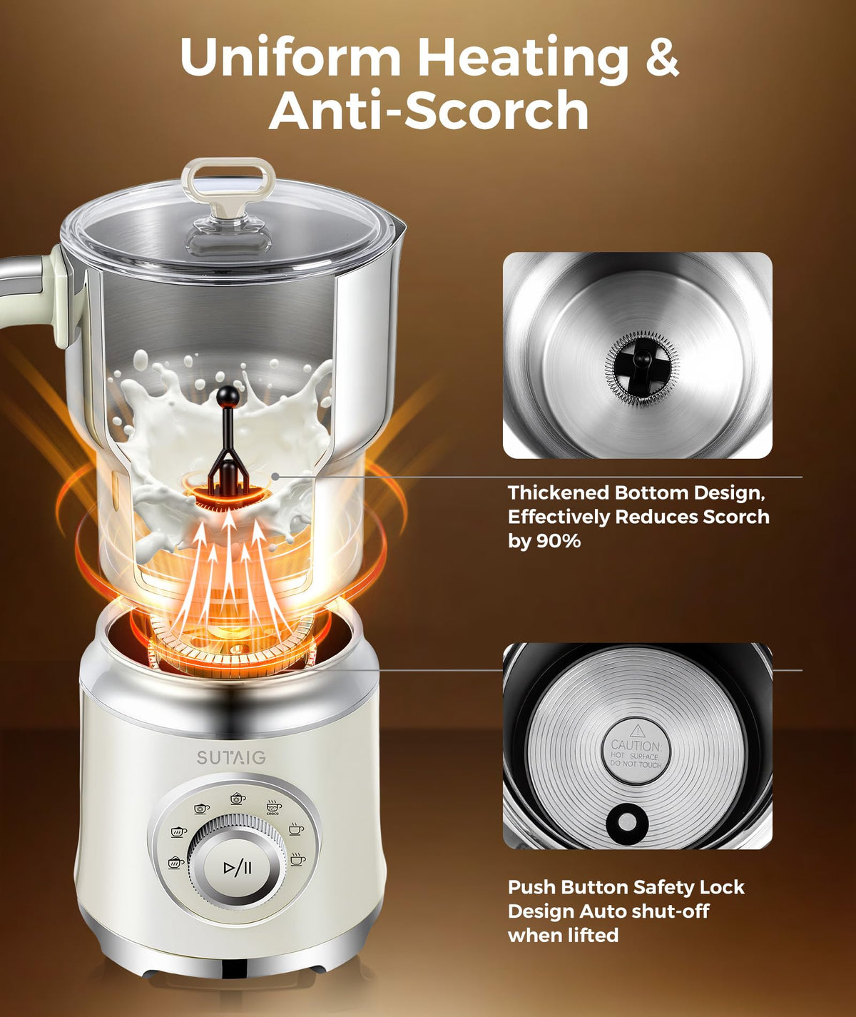 Sutaig four-in-one controls for hot dense, hot airy, heated milk, and cold foam