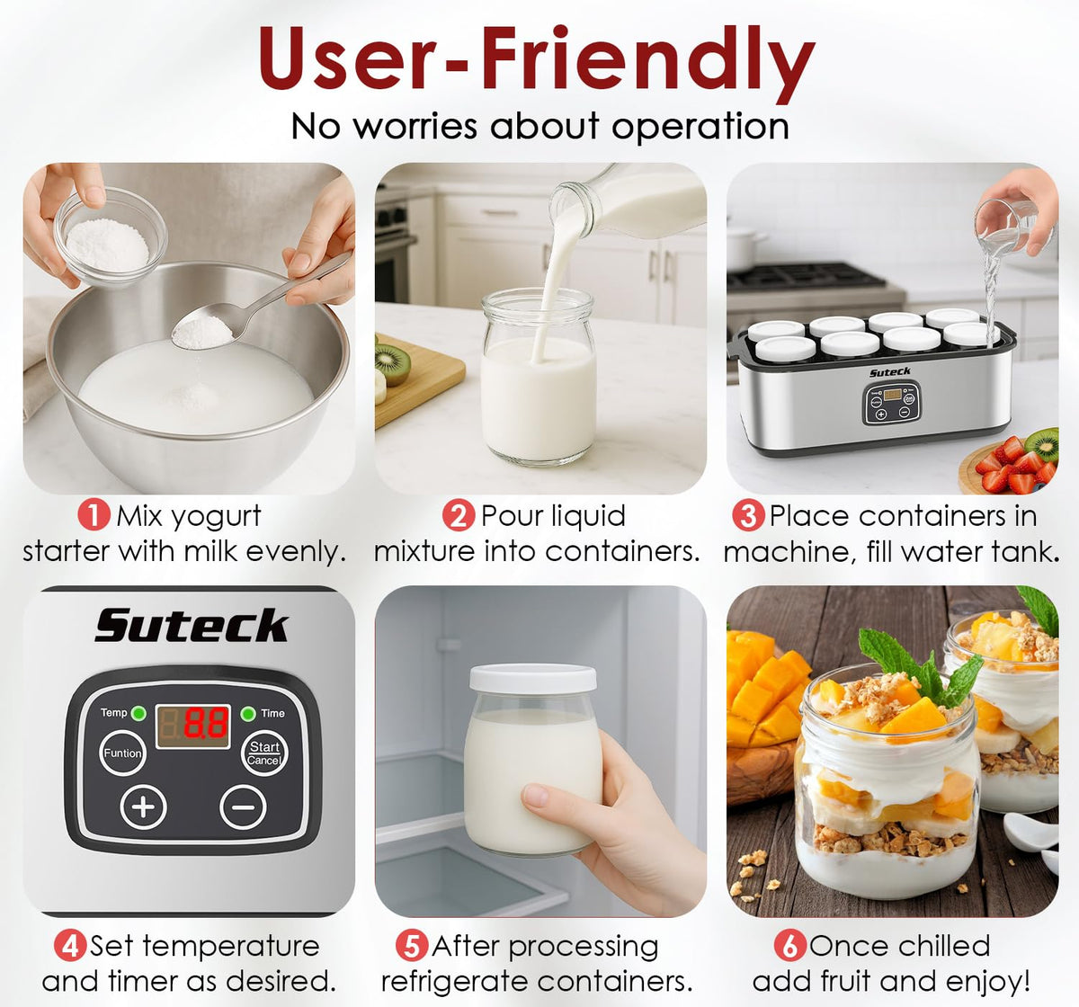Suteck eight glass jars enable versatile batches for family breakfasts.