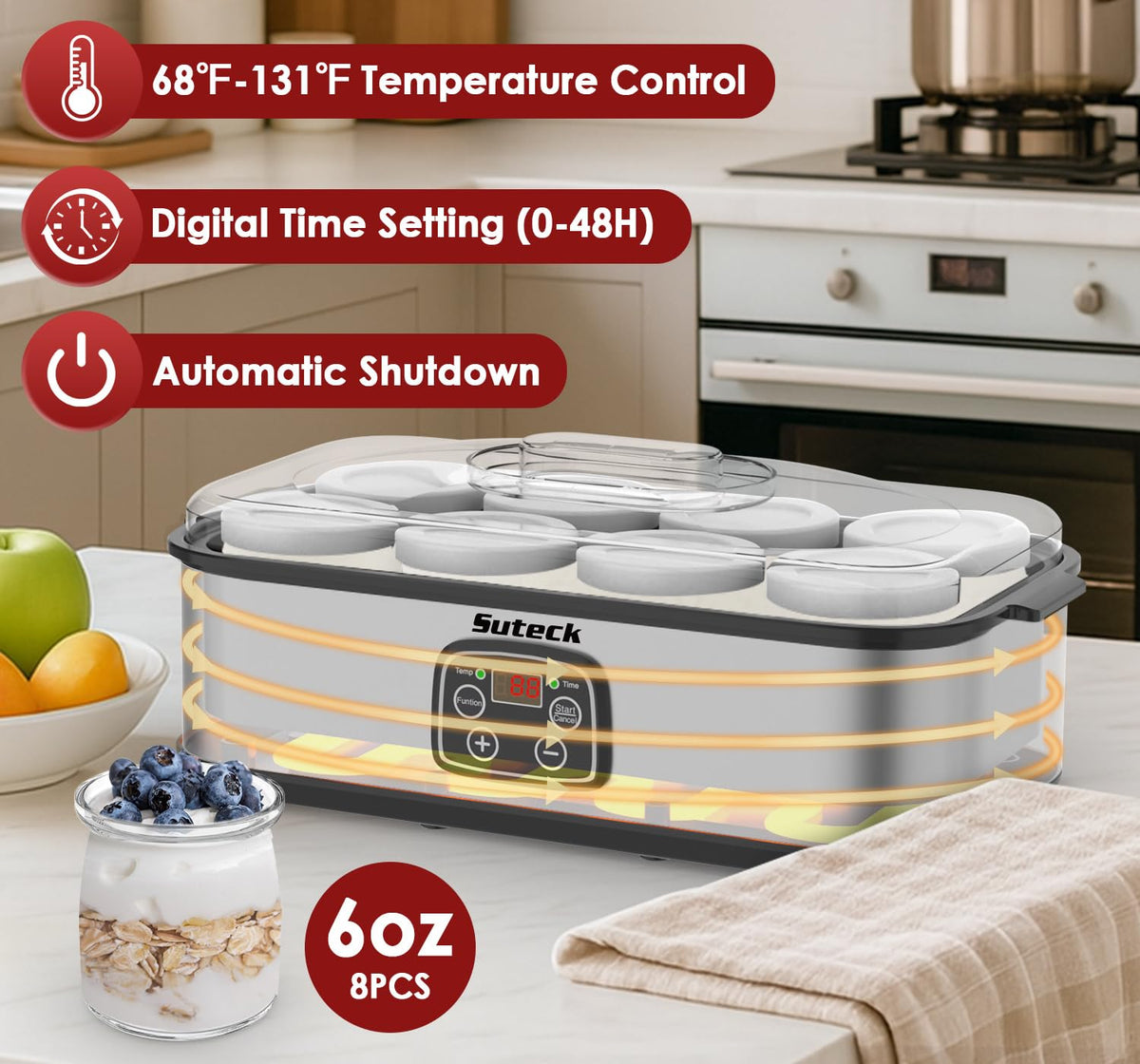 Automatic shut-off prevents overfermentation and enhances safety in Suteck yogurt maker.