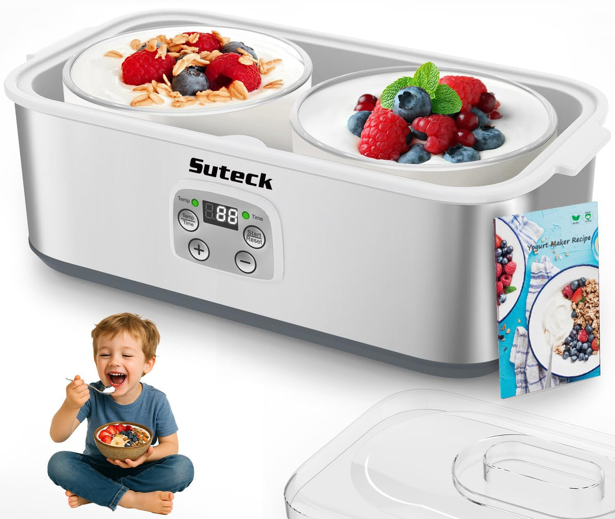 Suteck Yogurt Maker with a stainless steel shell for durable fermentation.