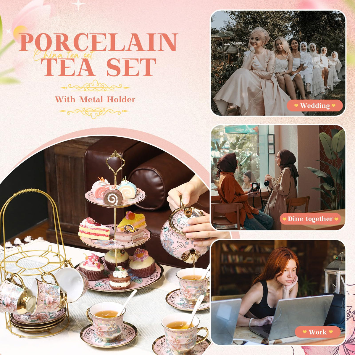 The Suttmin pink floral pattern tea set elevates springtime table decor.
