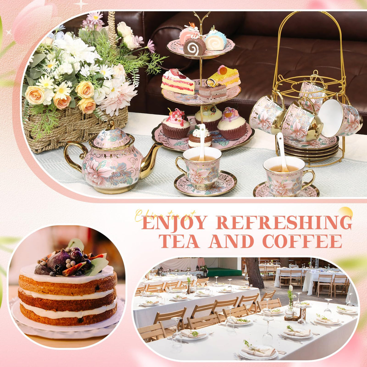 The Suttmin tea set adds wedding and party ambiance with delicate porcelain.