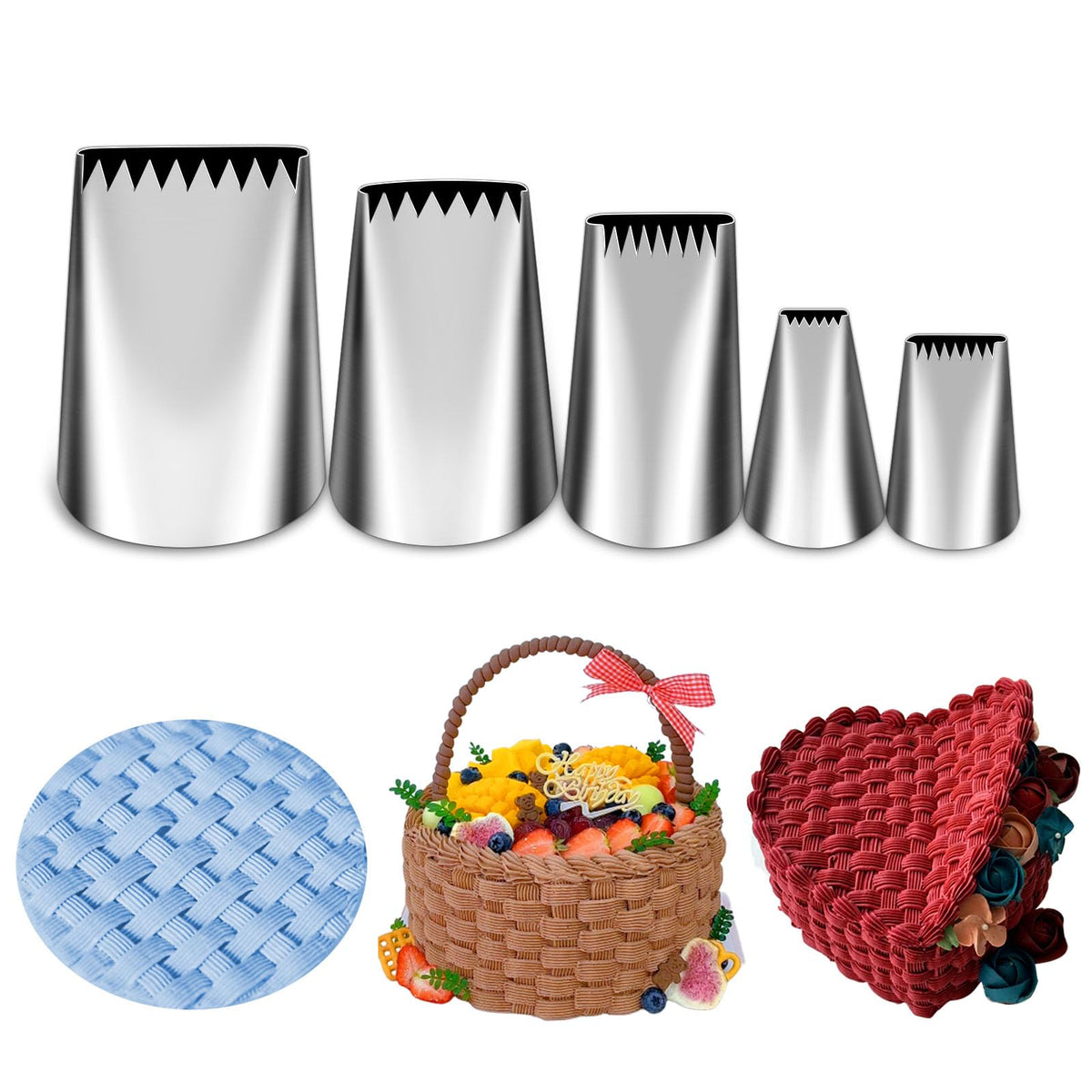 Suuker basketweave piping tip set creates braided cake borders for professional-looking desserts.