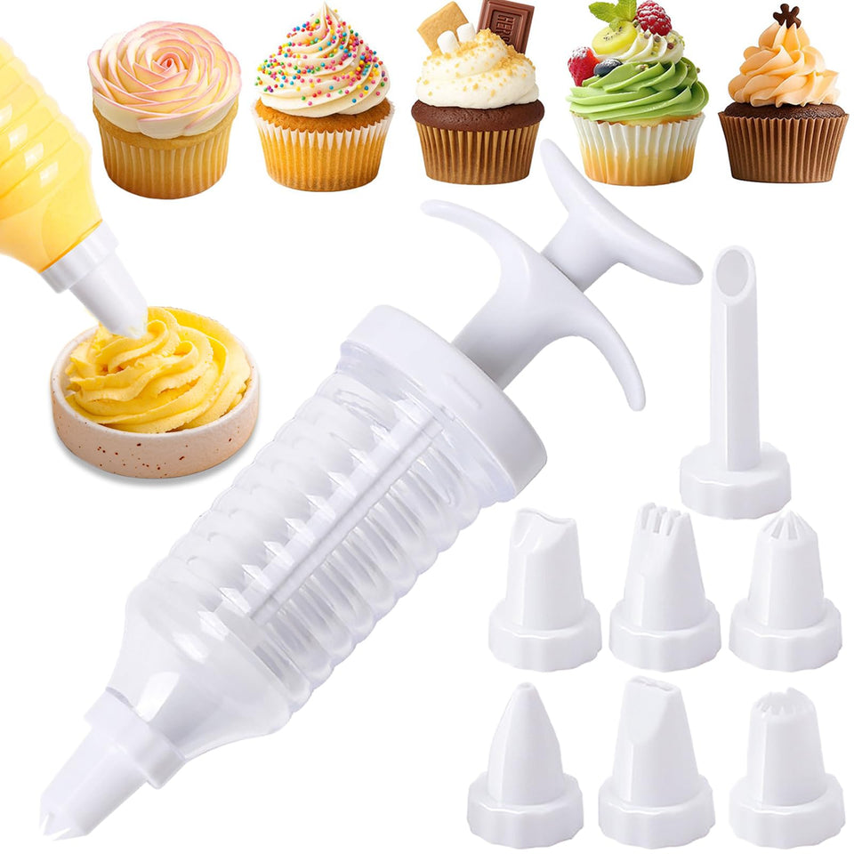 Suuker cake decorating gun with 8 tips for precise cake and cookie decoration.