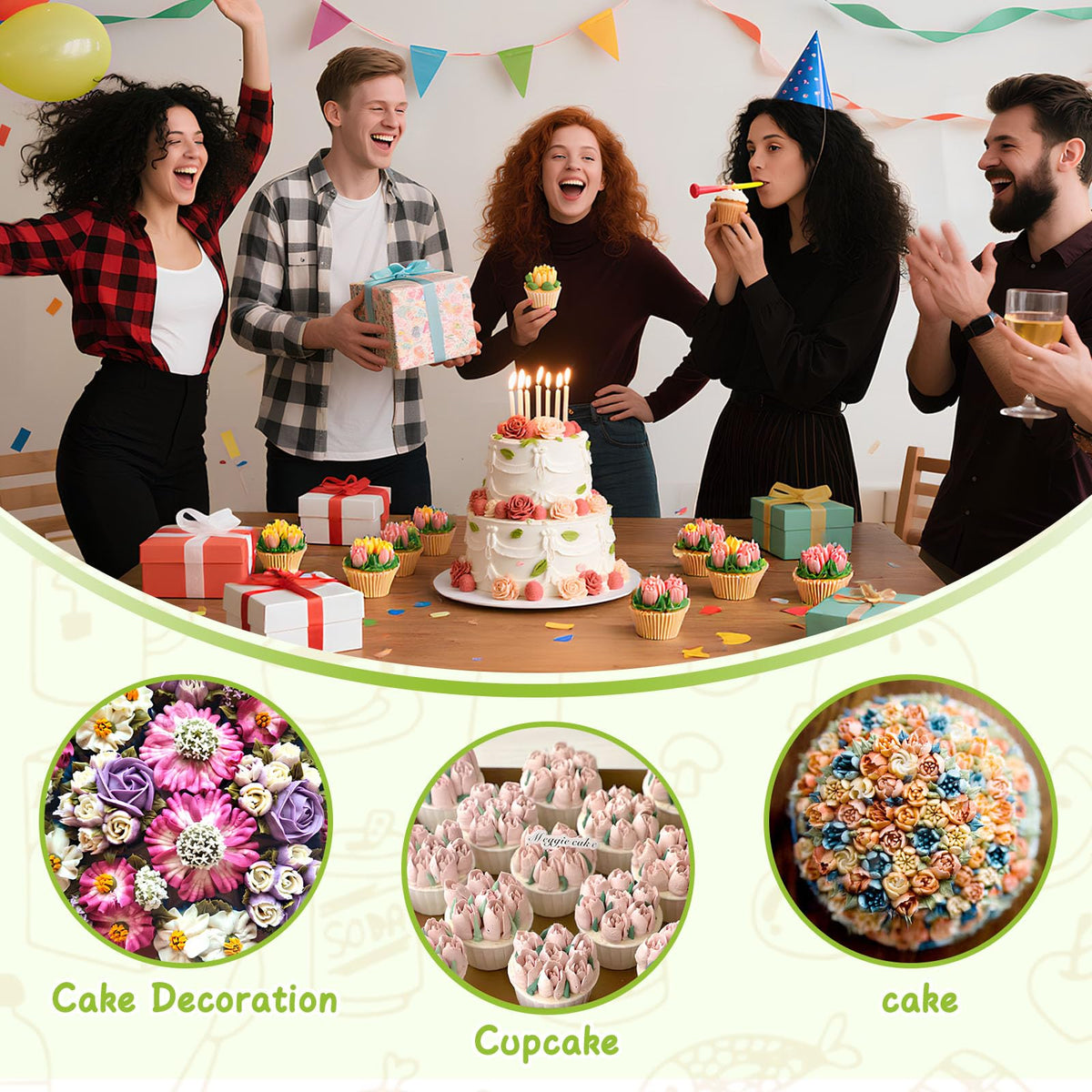 Suuker decorating cupcakes with Russian tips for elegant patterns.