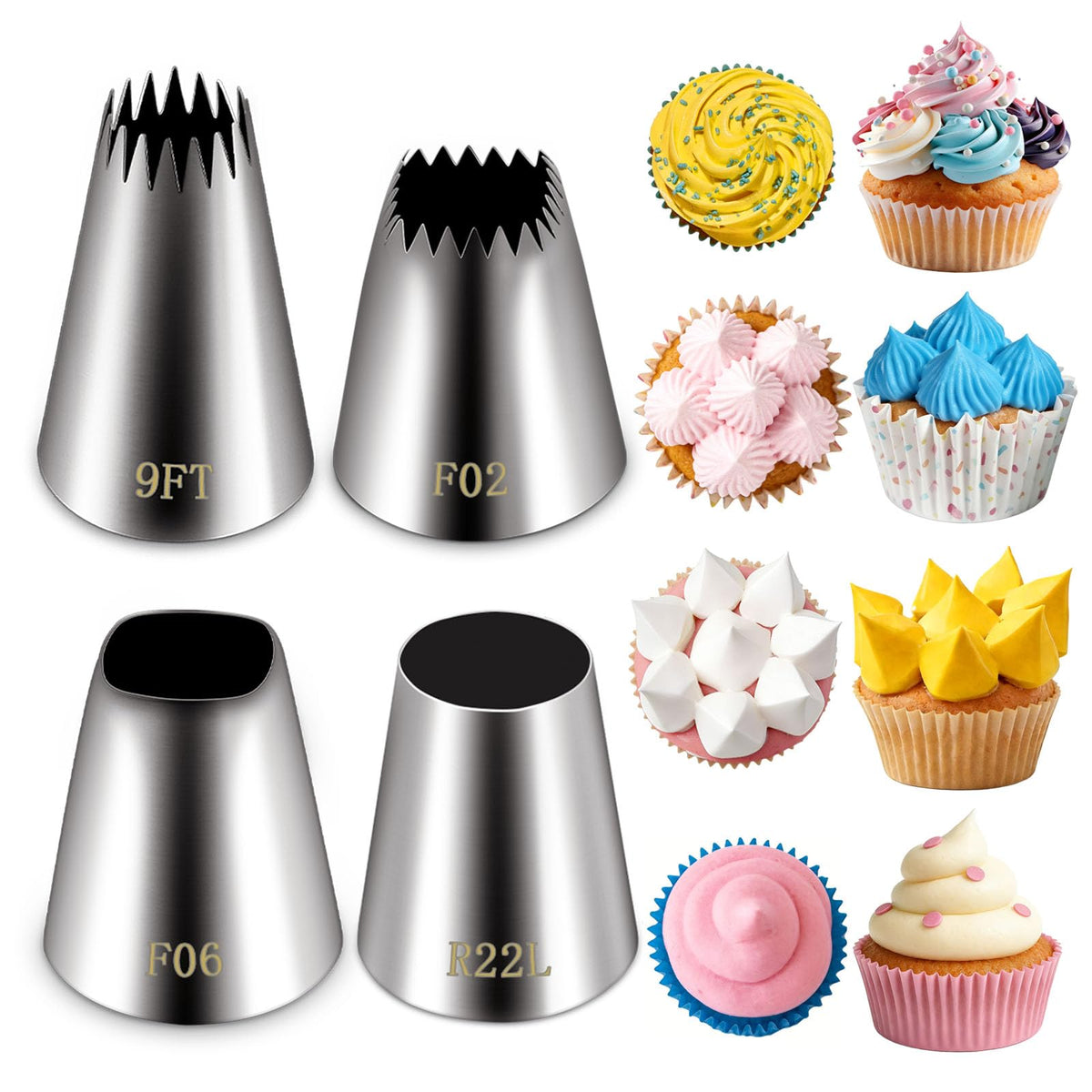 Suuker extra-large piping tips F02 F06 9ft R22L set for bold cake decorations.