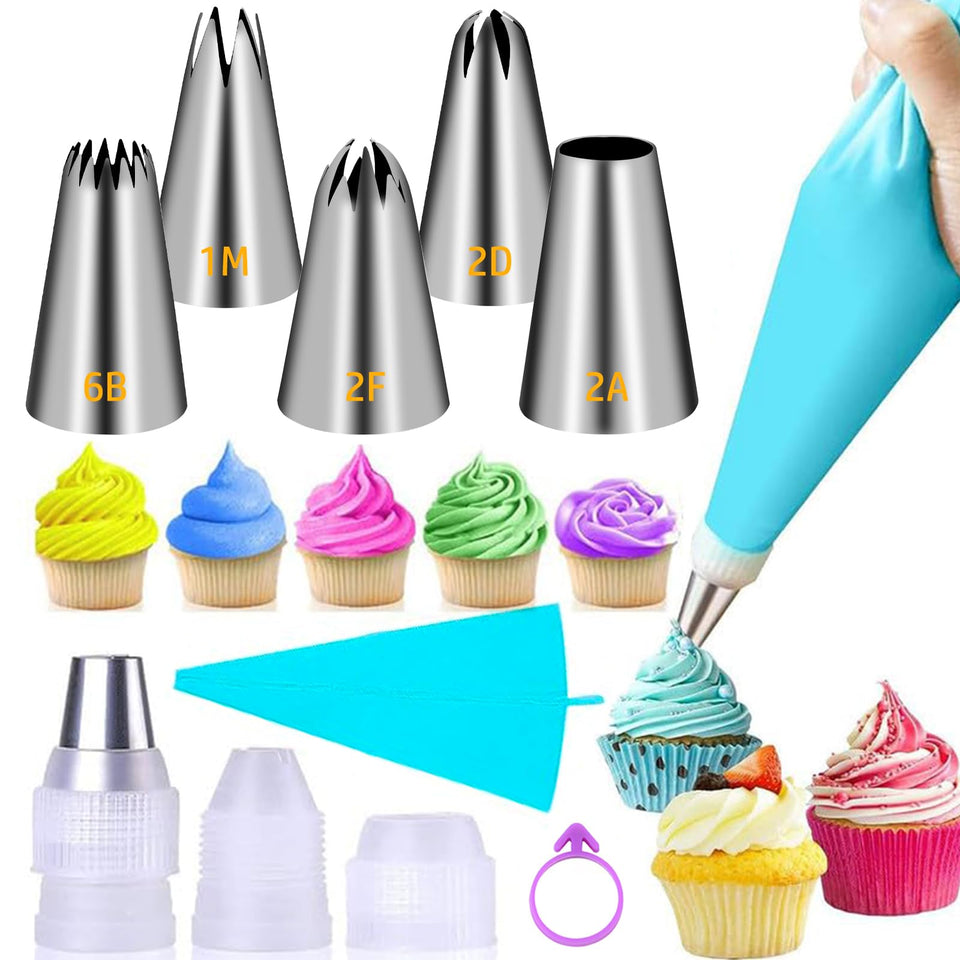 Suuker large piping tips set showing rose swirl decoration on cakes