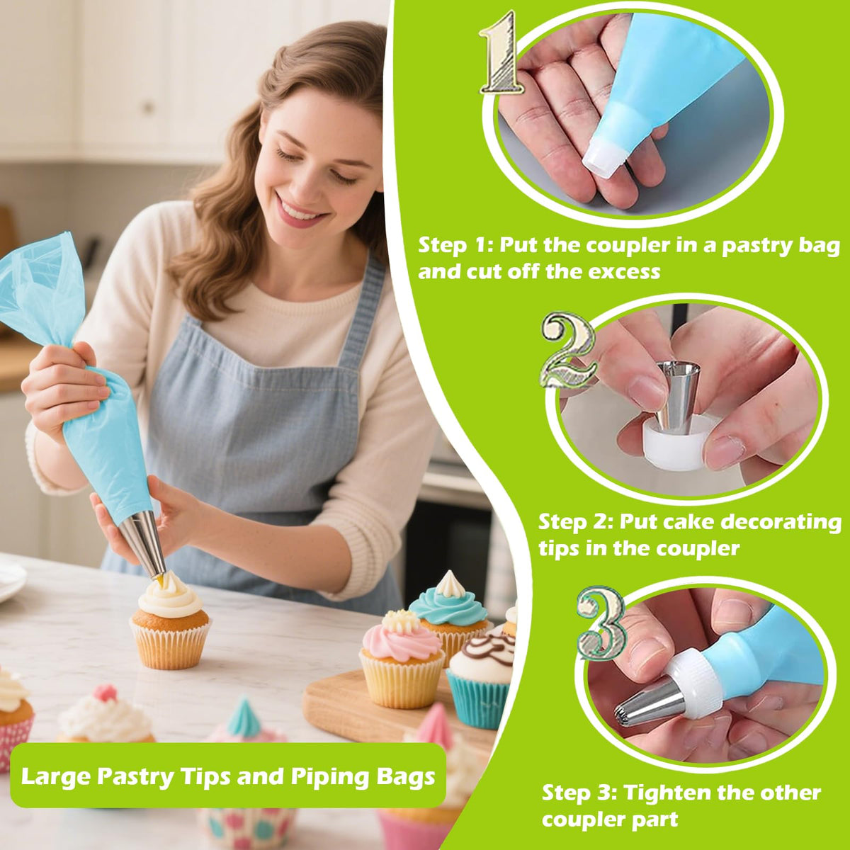 Universal-fit design of Suuker tips fits most piping bags