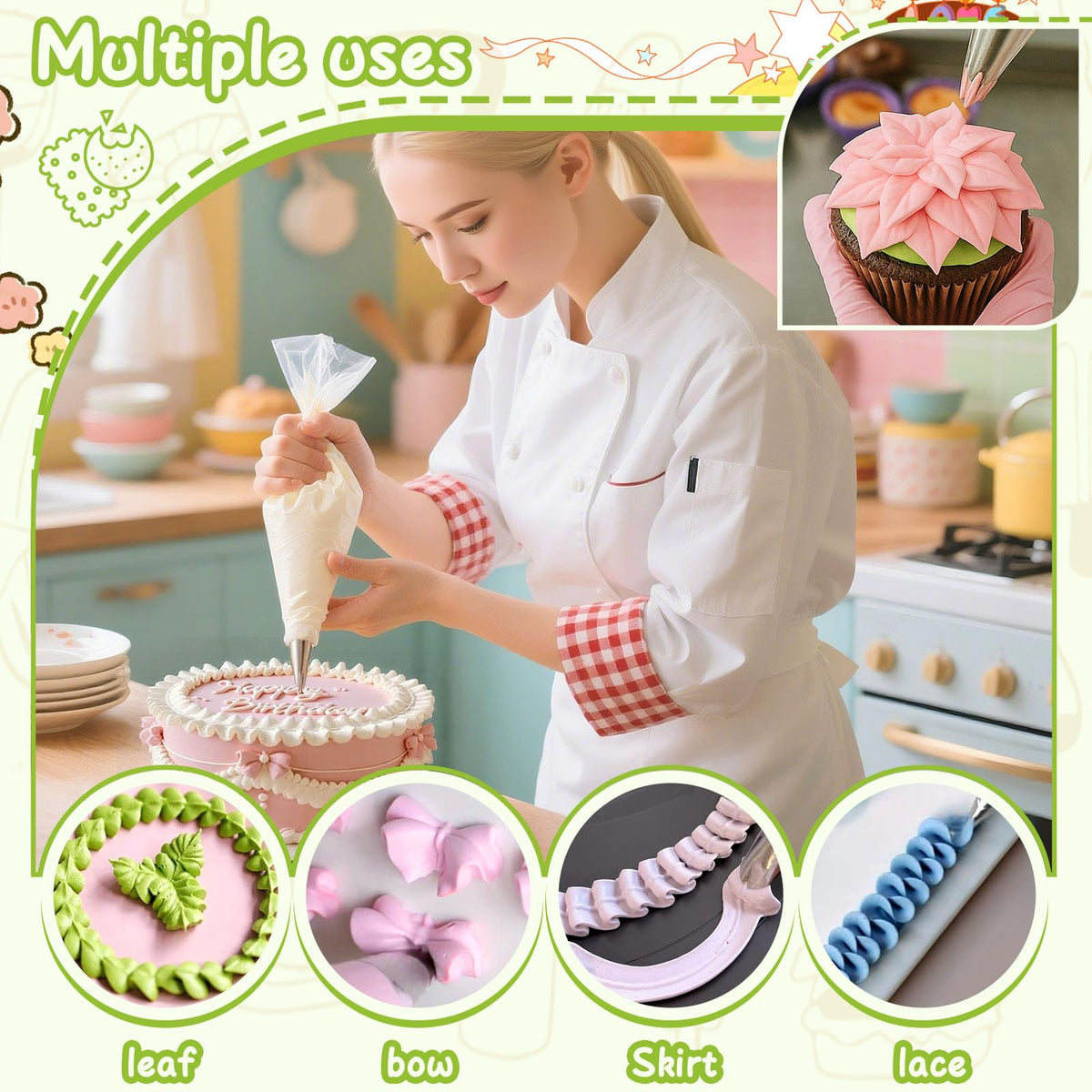 Suuker leaf pattern tips enable versatile designs on cupcakes and cookies.