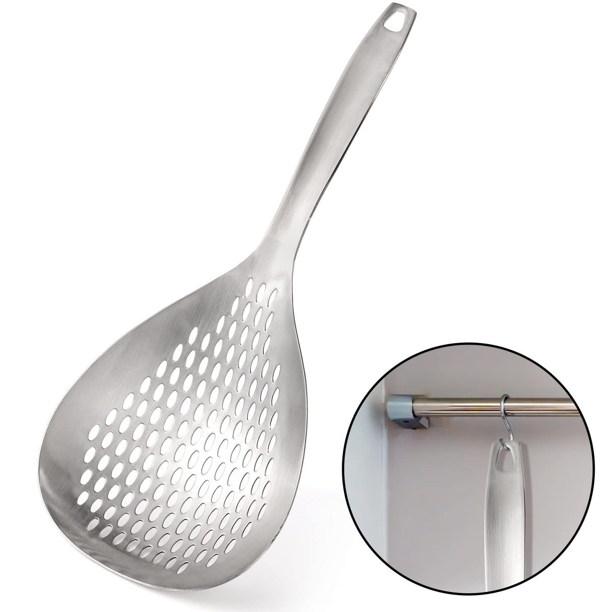 Suwimut deep fryer scoop enables efficient draining of hot oil.
