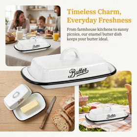 Suwimut enamel butter dish on counter with secure lid groove