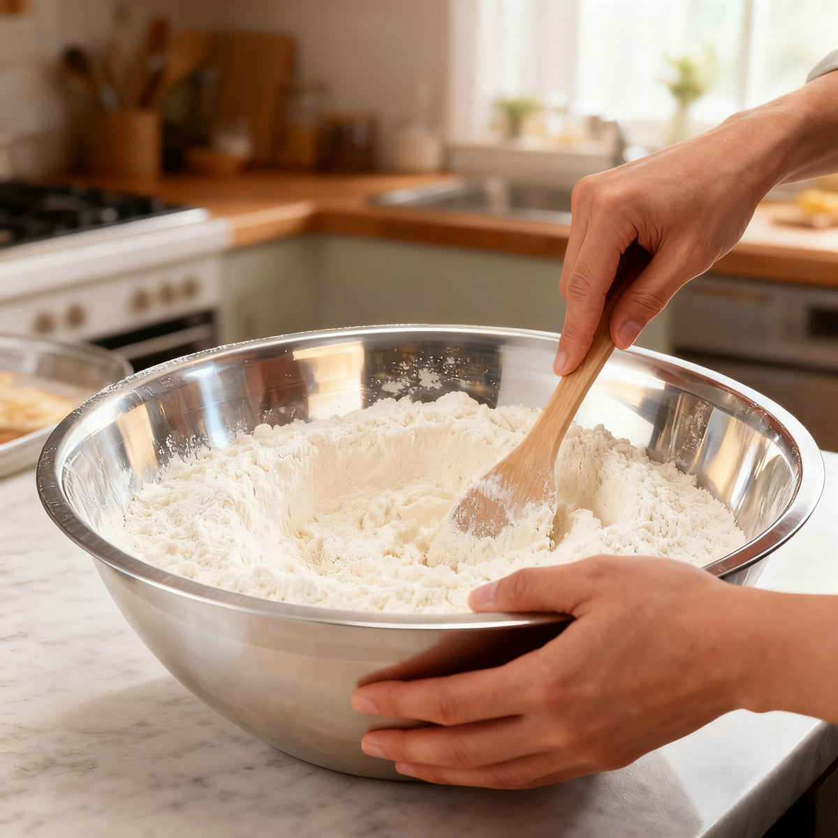 Suwimut flat-base design provides stability during mixing tasks.