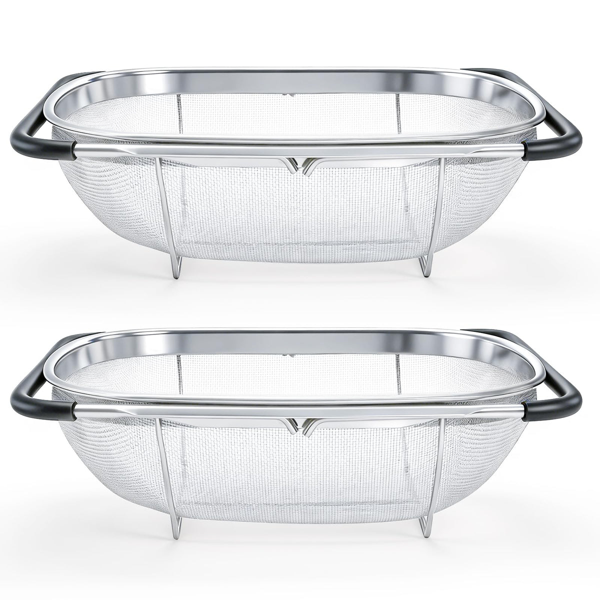 Suwimut over-sink oval colander assembly for quick, hands-free draining.