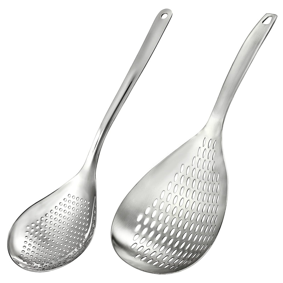 Suwimut skimmer spoon 13.6-inch with wide holes for quick draining.