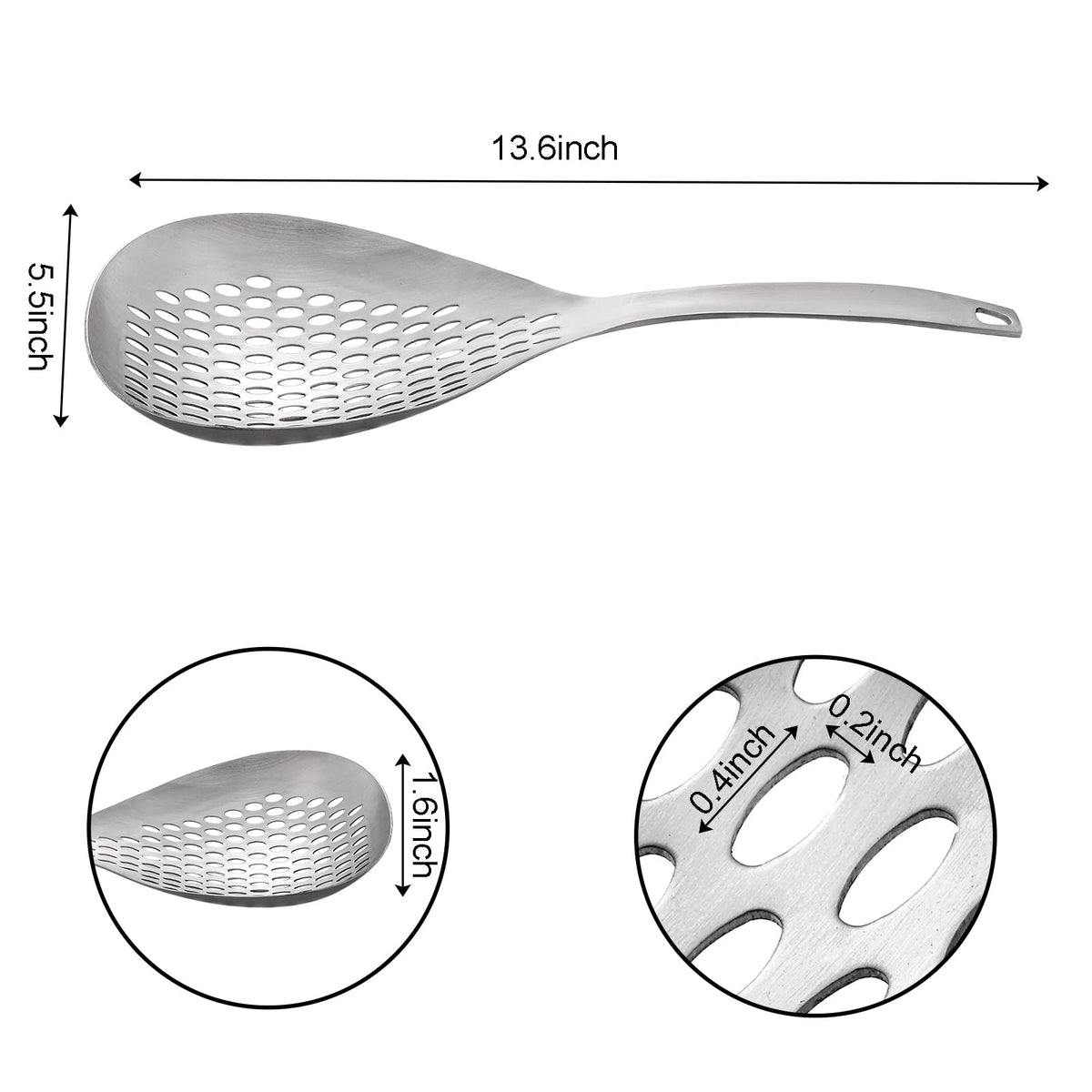 Suwimut 18/8 stainless steel skimmer with large drain holes for fast draining.