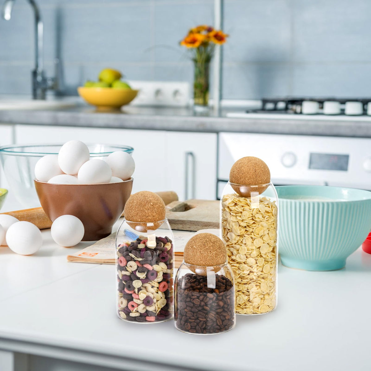 Suwimut transparent glass bottle adds stylish kitchen storage.
