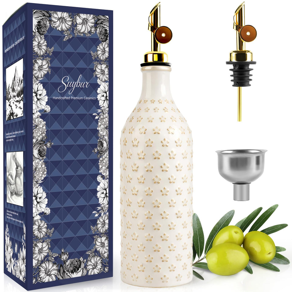 Suybur ceramic olive oil dispenser with gravity spout for precise pouring.