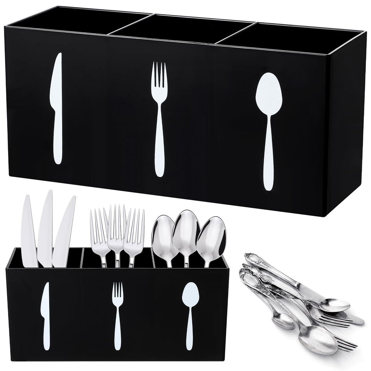 Suzile acrylic cutlery organizer in black, front view showing tidy counter space