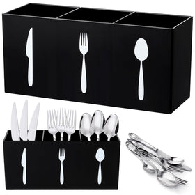 Suzile acrylic cutlery organizer in black, front view showing tidy counter space