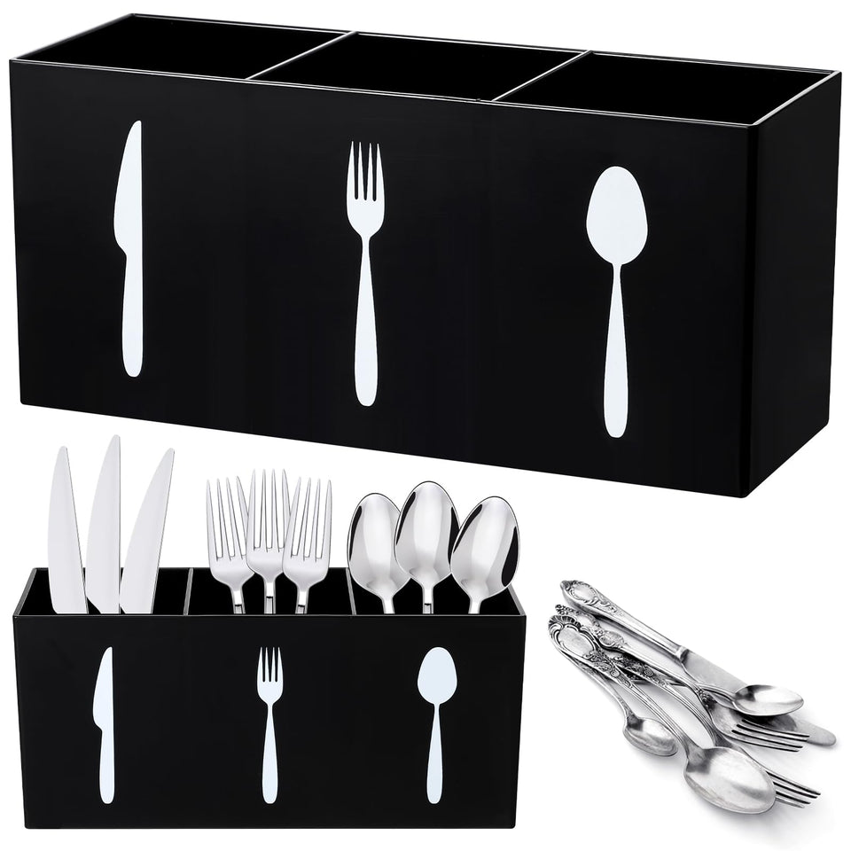 Suzile acrylic cutlery organizer in black, front view showing tidy counter space