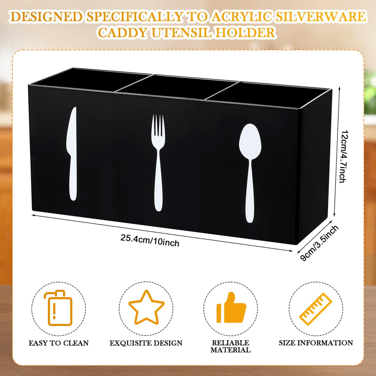 Suzile black acrylic three-section caddy, top view highlighting compact footprint and easy access