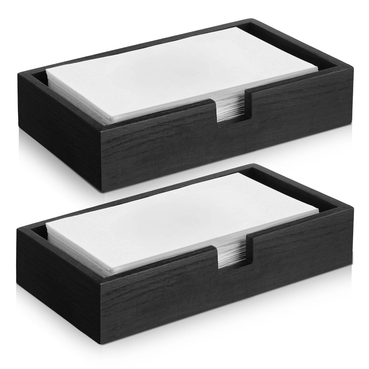 Suzile two-pack black wooden towel holder, front view highlighting compact profile and organization benefits.