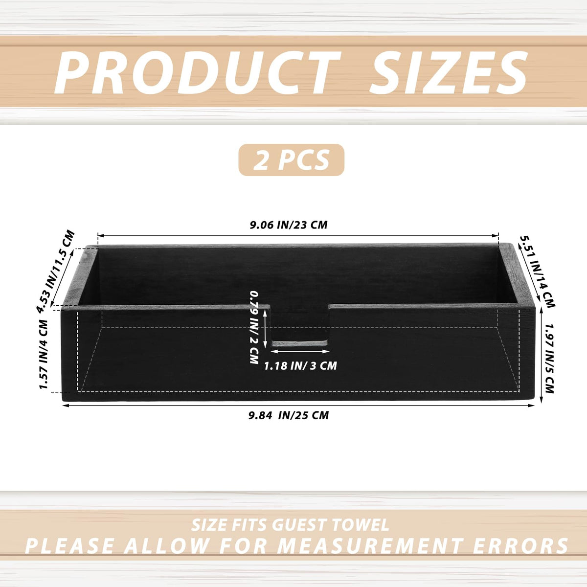 Suzile two-pack black wooden towel holder, side view showing slim footprint for countertops.