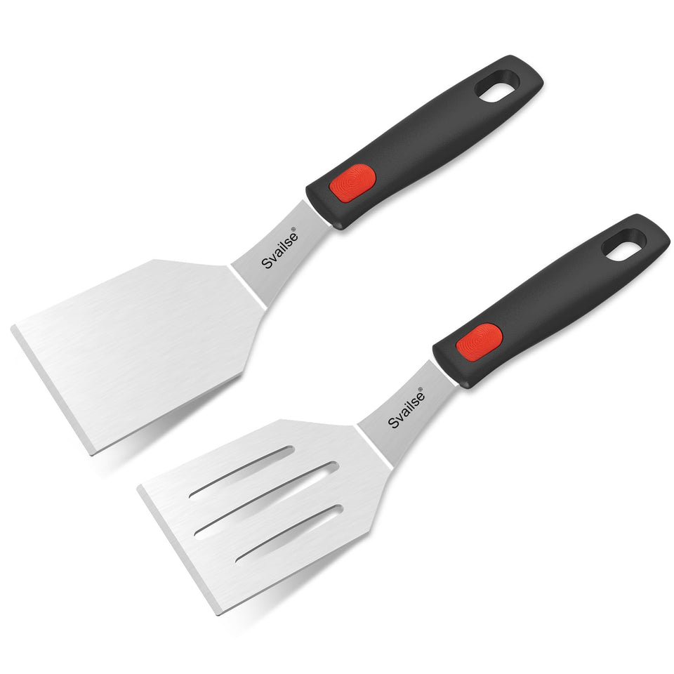 Svailse slotted stainless steel spatula for draining fats while flipping