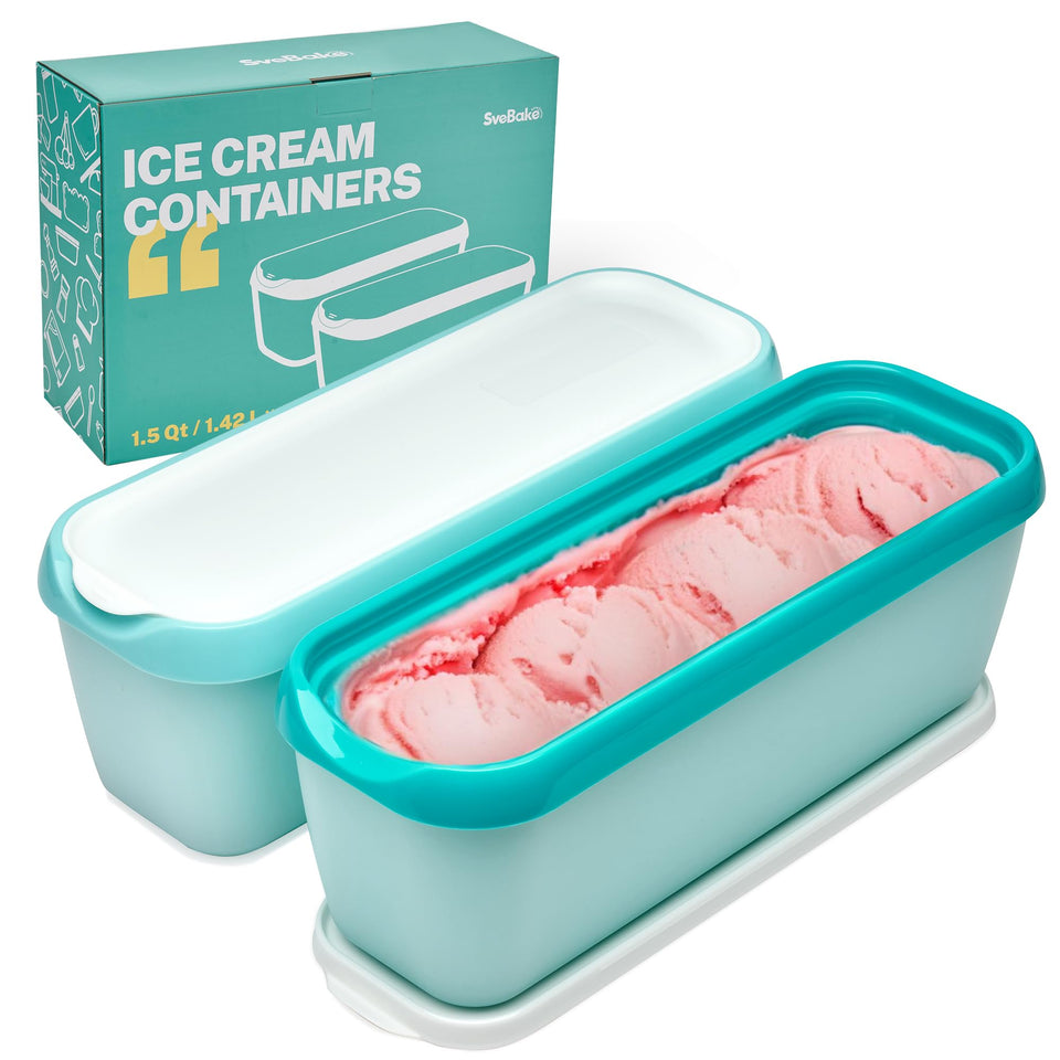 SveBake turquoise lid ice cream container top view showing color-coded flavor labeling