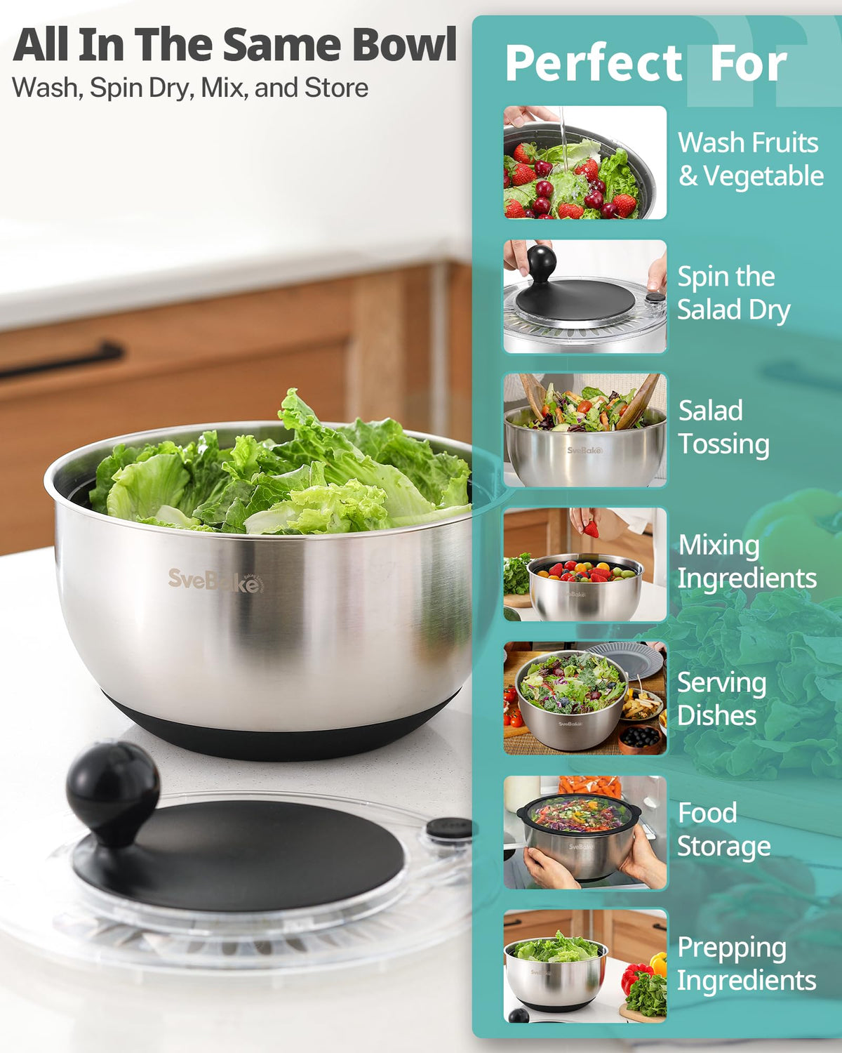 SveBake large-capacity 5.3 qt spinner fits family batch prep.
