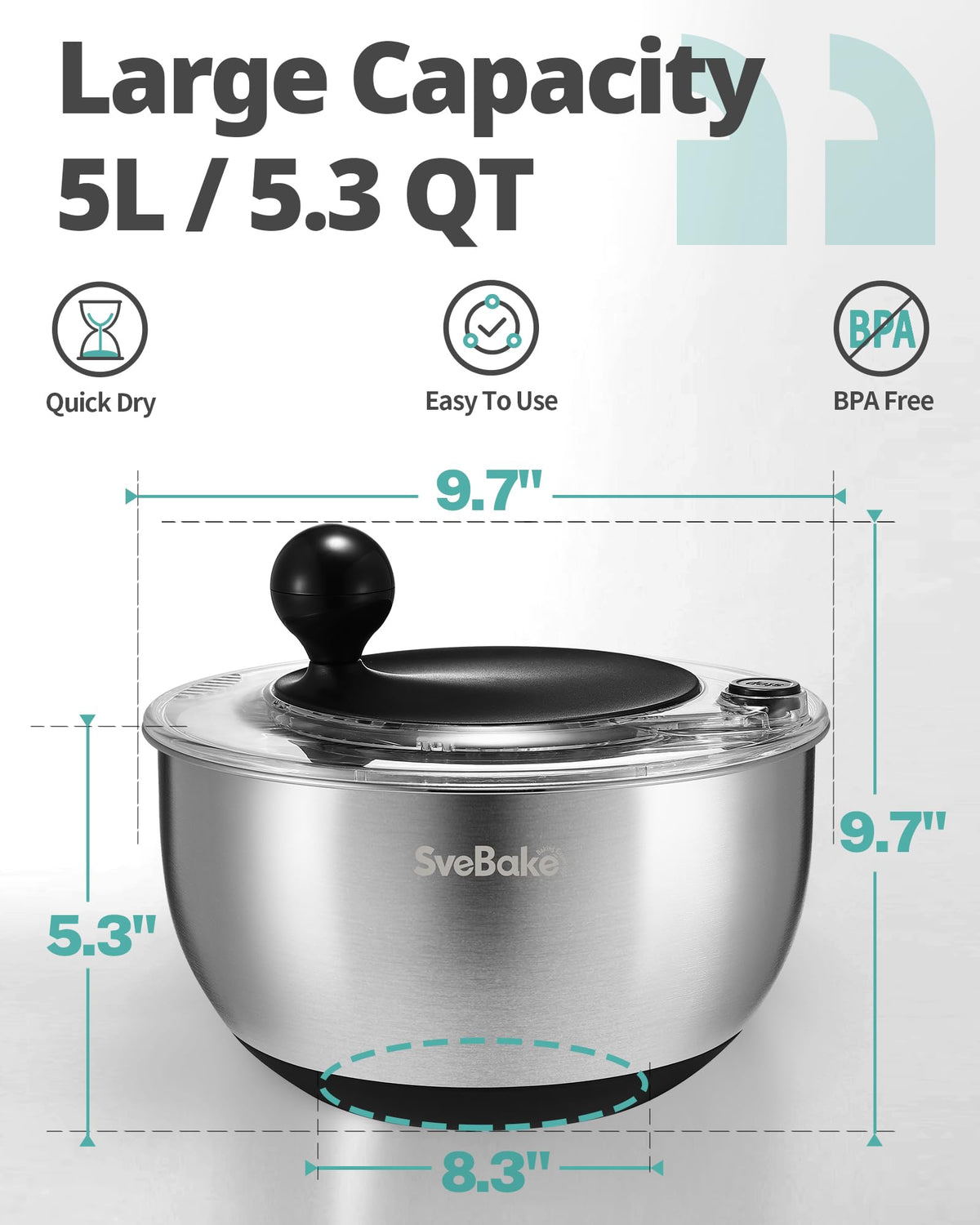 SveBake non-slip base keeps the spinner steady on any counter.
