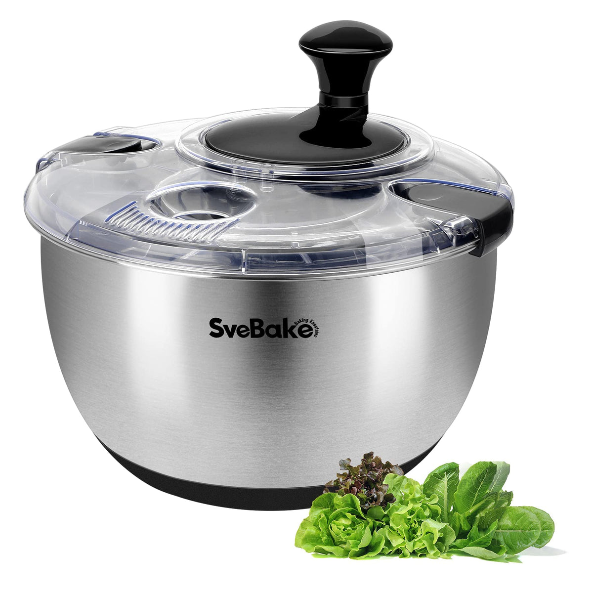 SveBake salad spinner bowl with transparent lid for quick rinsing and easy visibility.