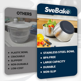SveBake salad spinner shows serving directly from the stainless bowl after spinning.