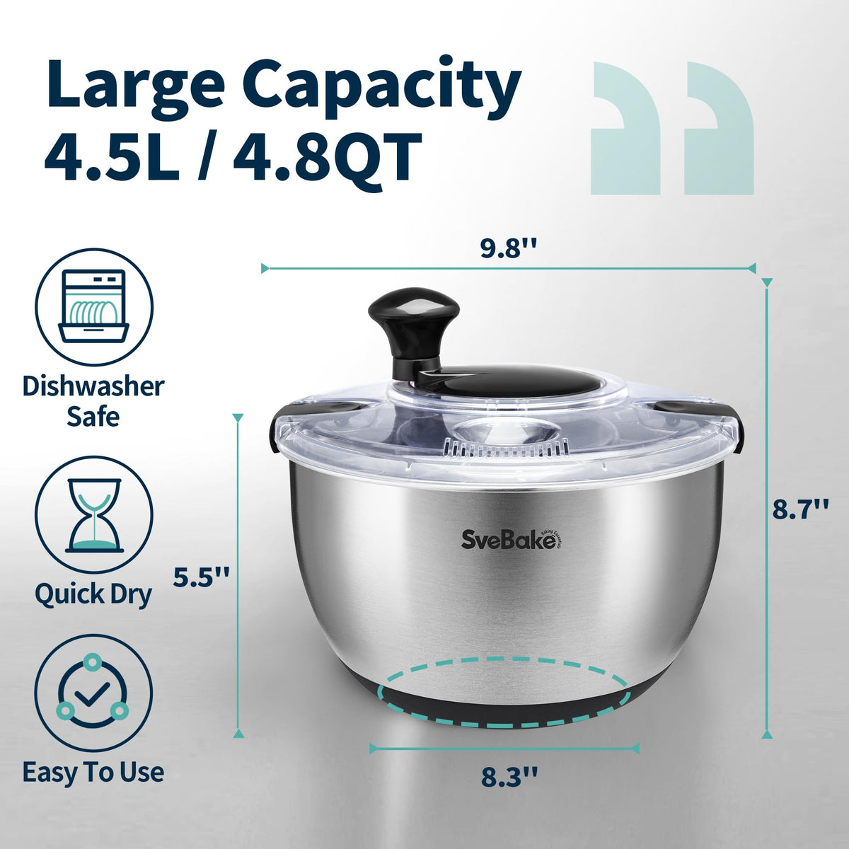 SveBake stainless steel bowl stays cool and resists staining during use.