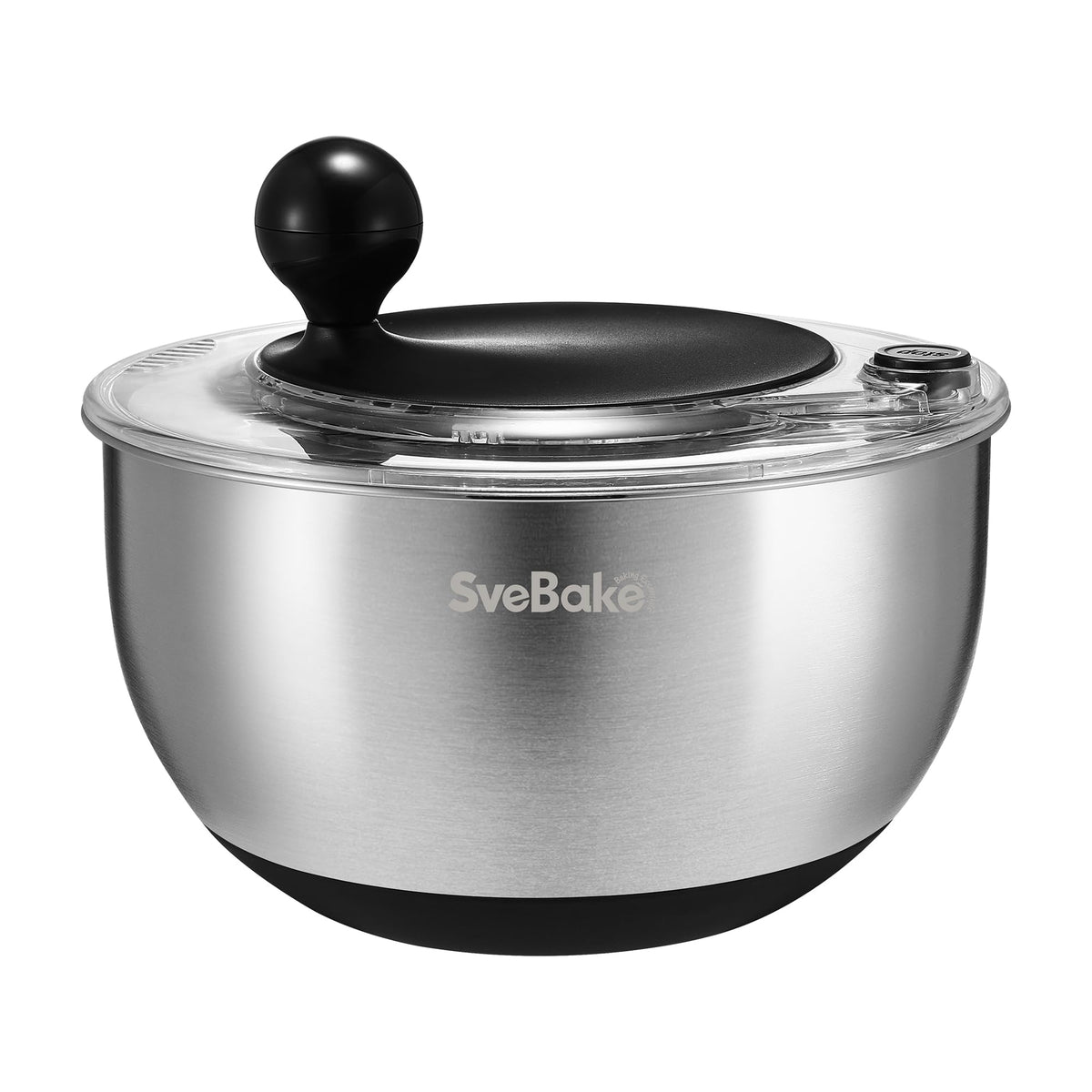SveBake salad spinner with stop button in use for quick drying