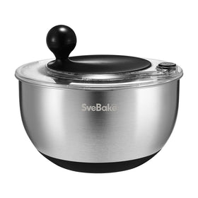 SveBake salad spinner with stop button in use for quick drying