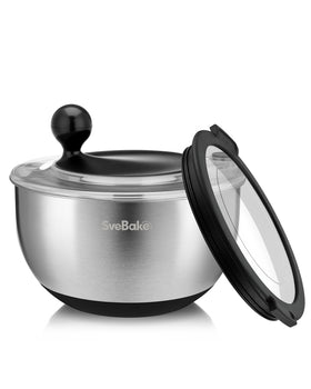 SveBake salad spinner with storage lid shows 5.3 qt capacity for easy prep-to-fridge workflow.
