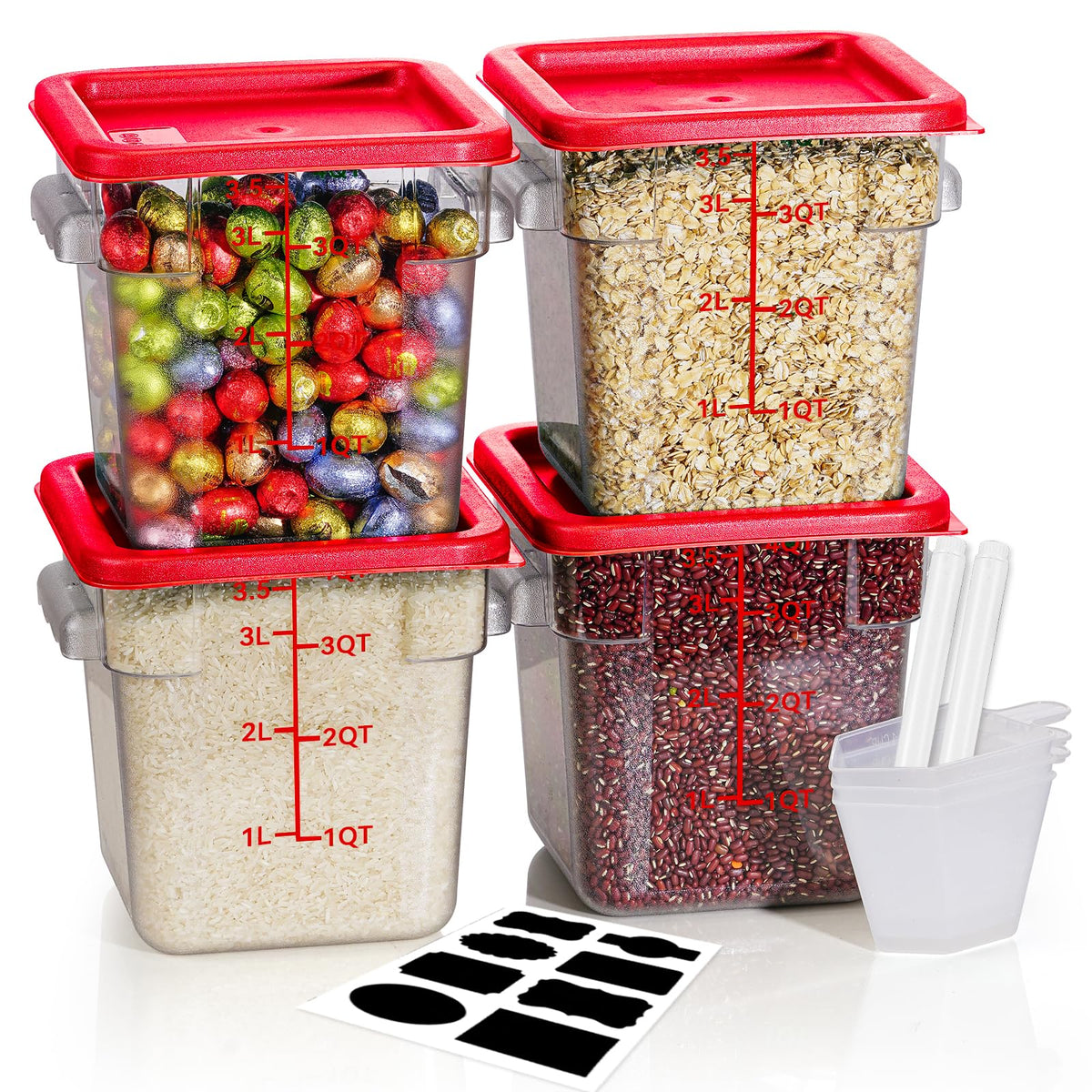 SVKLHY 4QT square container with red lids for easy identification and stackable storage.