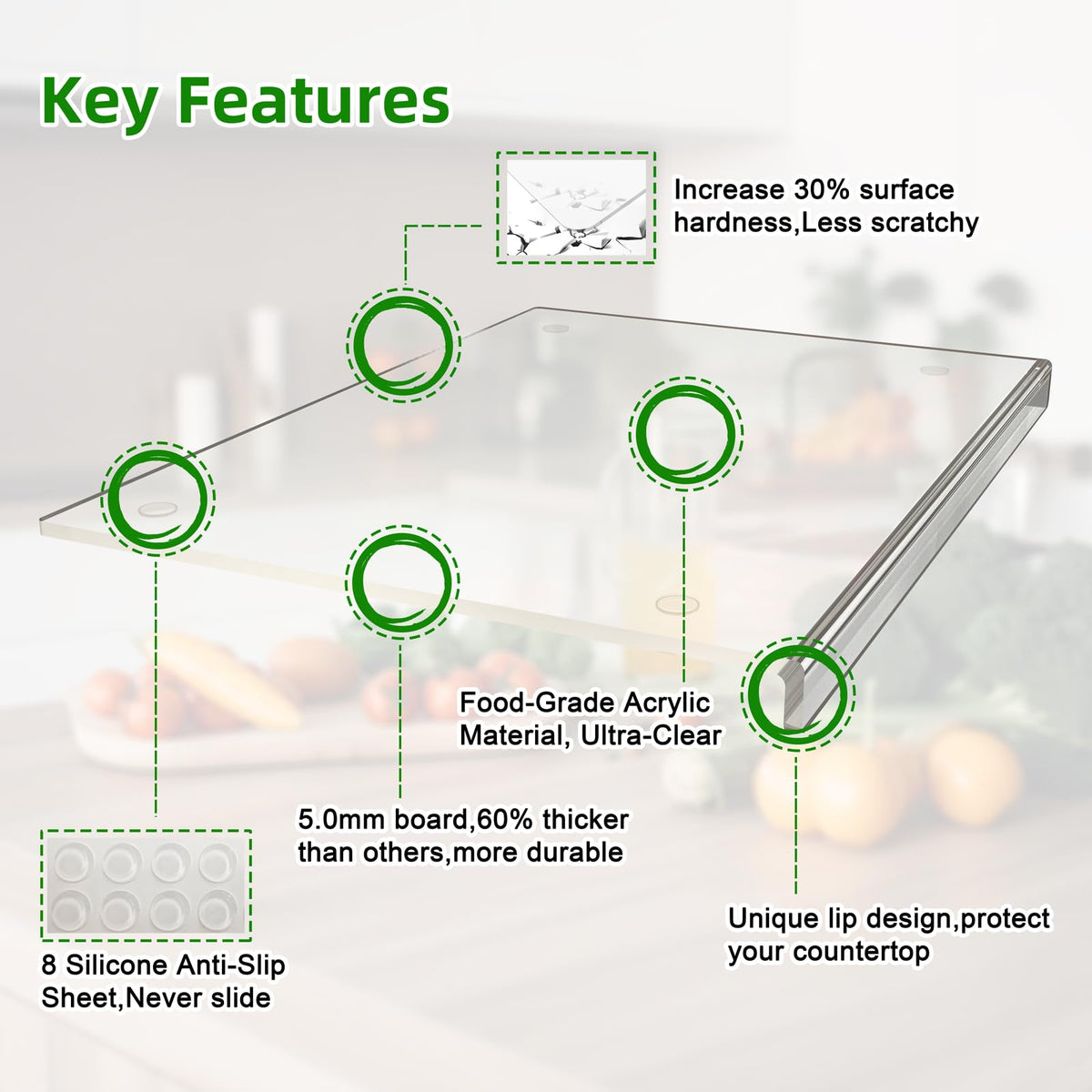 Clear SWSKR cutting board with a smooth surface for easy slicing