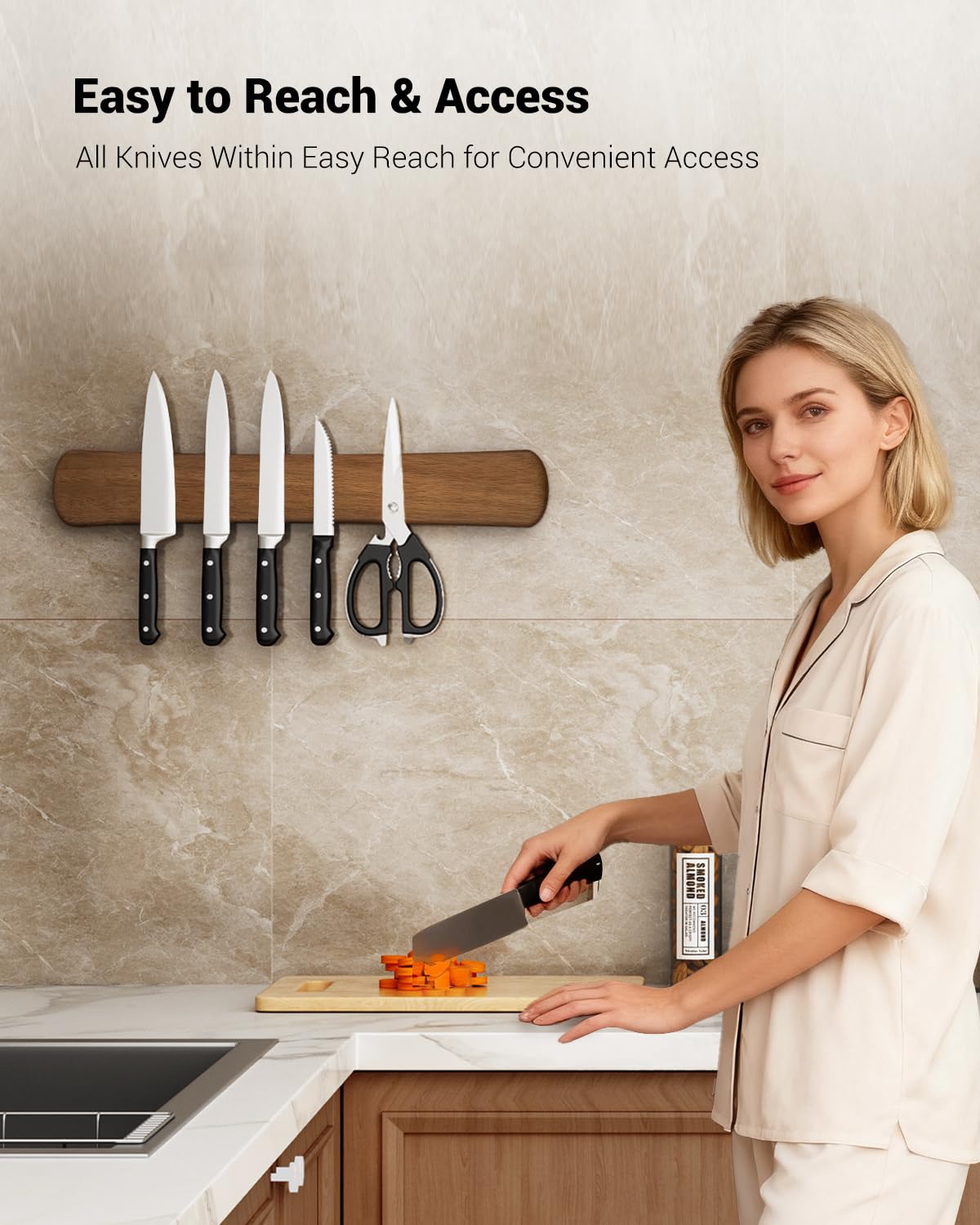 Swaitee fridge-side knife strip on magnetic surface saves counter space.