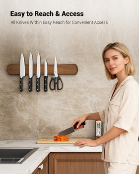 Swaitee fridge-side knife strip on magnetic surface saves counter space.