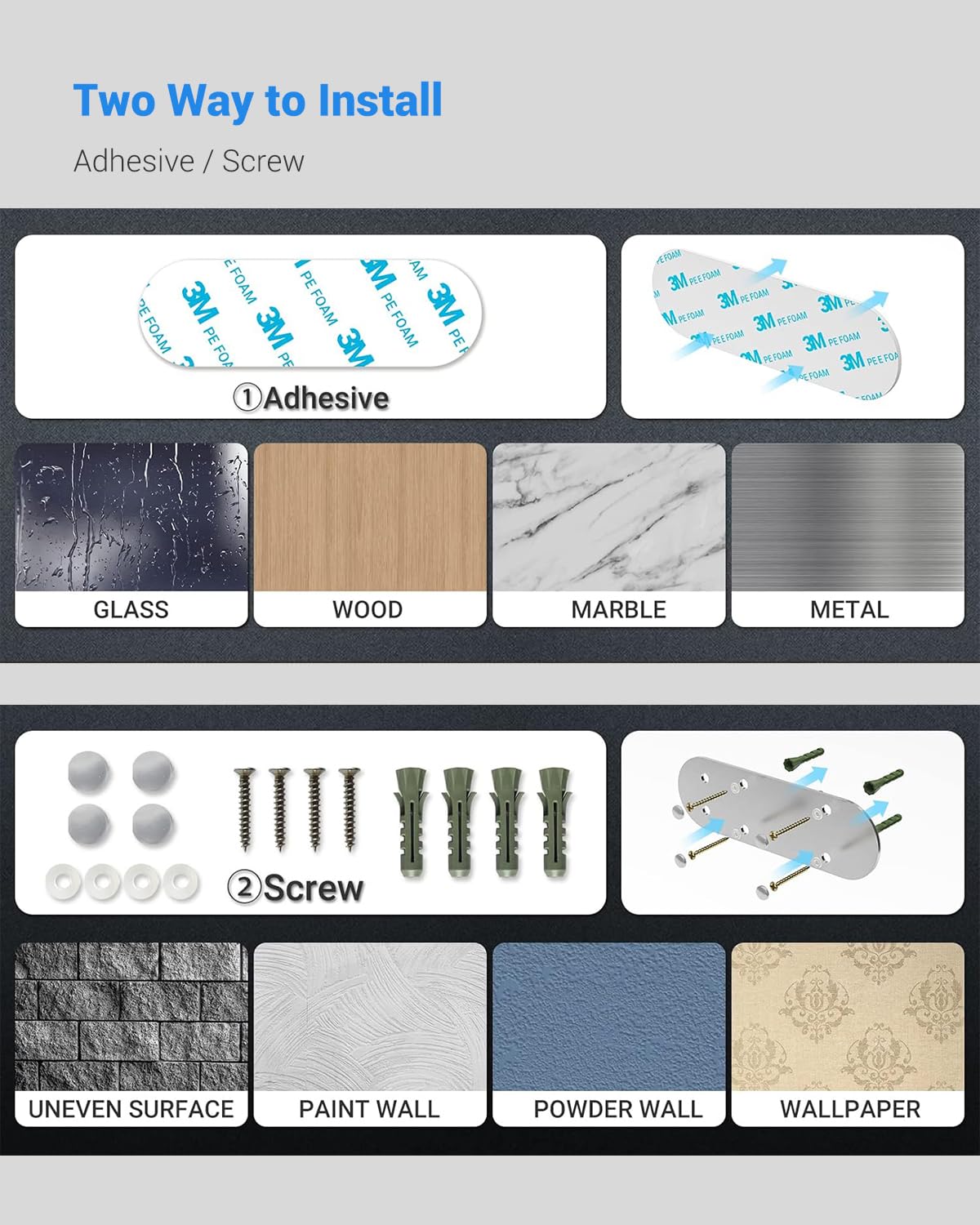 Swaitee setup demonstrates kitchen and bathroom organization with a silver holder.