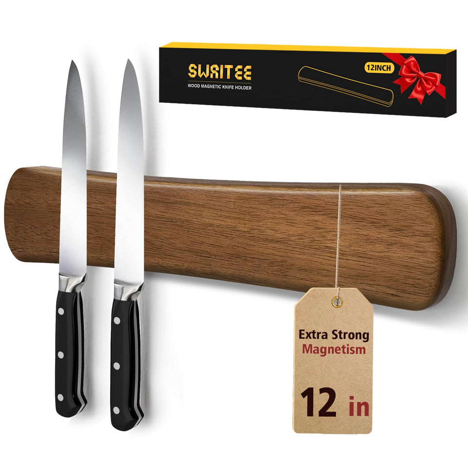 Swaitee Magnetic Knife Holder showing full-length magnets for easy access to blades.