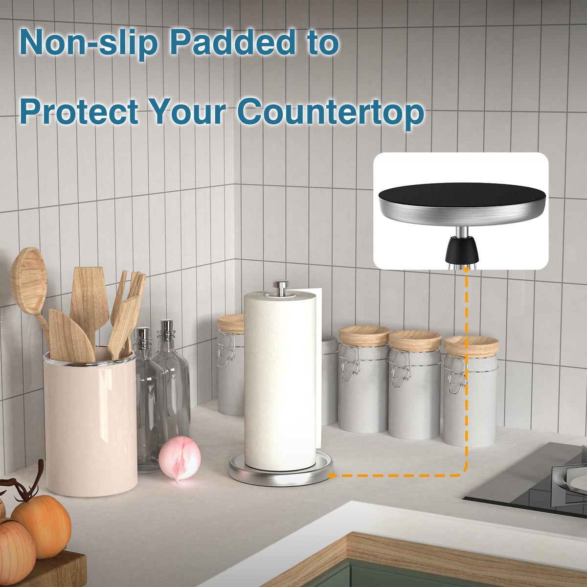 Weighted base on the counter provides non-slip stability for towels