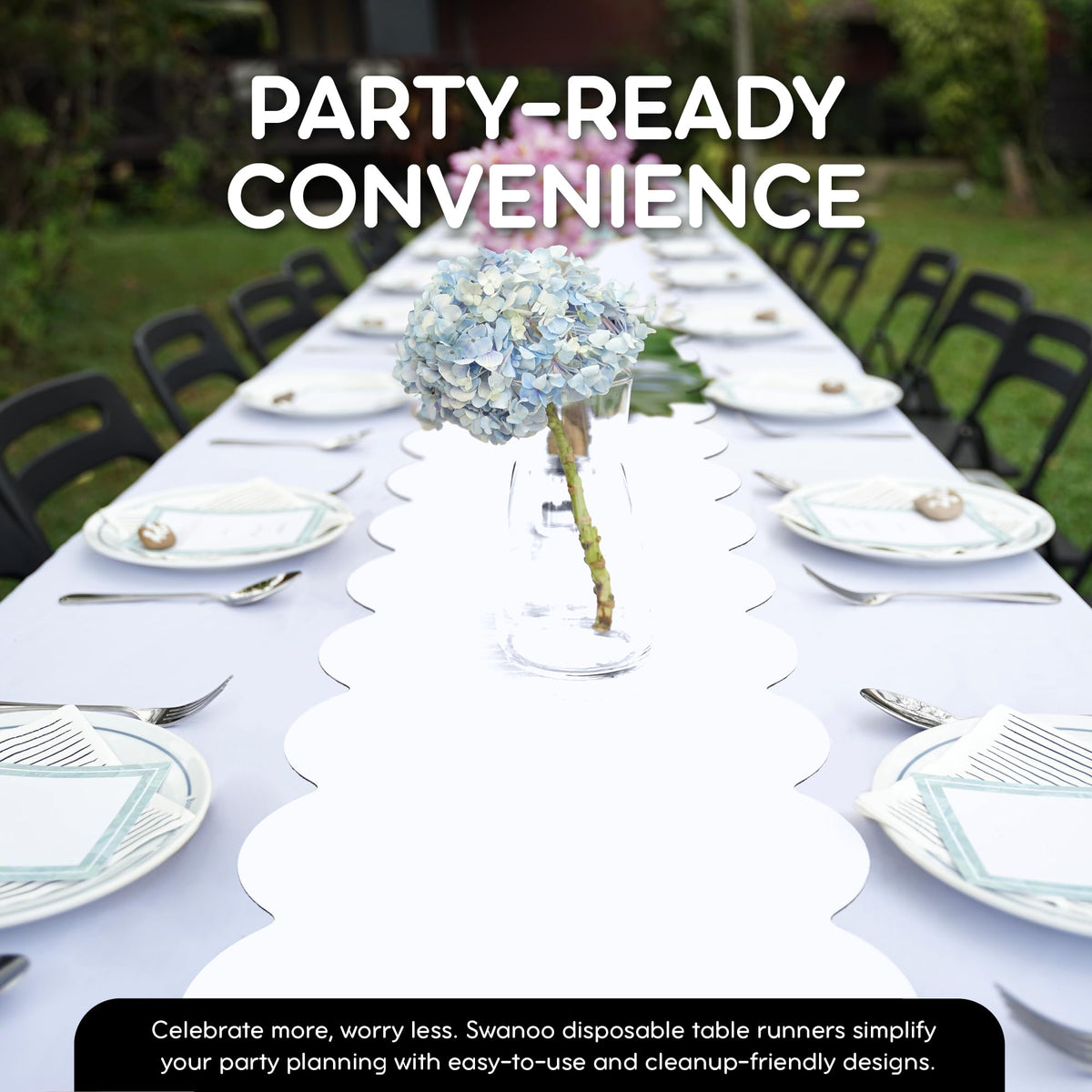 Swanoo 14x108 inch runner fits standard 8-foot tables for easy setup.