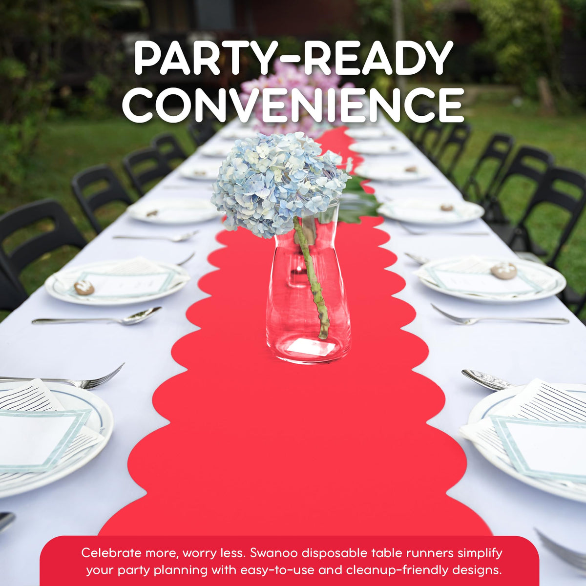 Swanoo 14x108 inch table runner fits up to 8-foot tables.