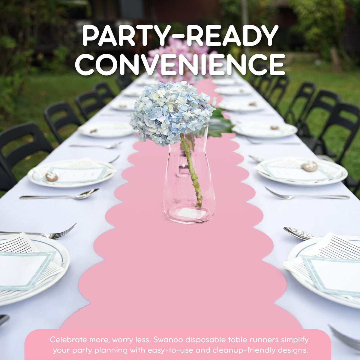 Swanoo light pink scallop table runner close-up highlights glossy finish and edges