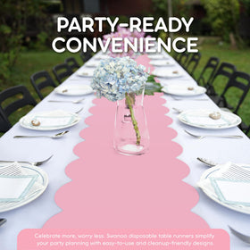 Swanoo light pink scallop table runner close-up highlights glossy finish and edges