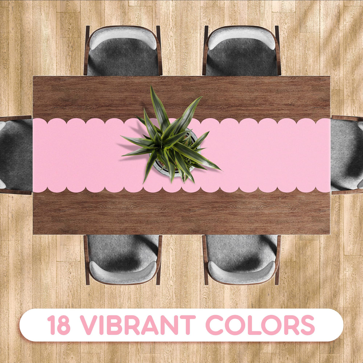 Swanoo light pink scallop table runner edge detail shows clean lines for setup